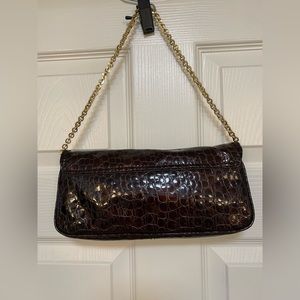 NWOT ANTONIO MELANI Espresso Patent Leather Embossed Croco Clutch Handbag